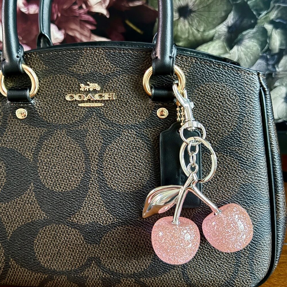 NEW Pink Glitter Large Cherries Purse Charm Keychain Goldtone